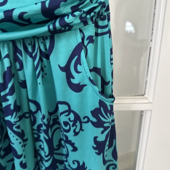 Strapless Maxi Dress Turquoise & Navy Blue Womens Large Pockets - Picture 4 of 10